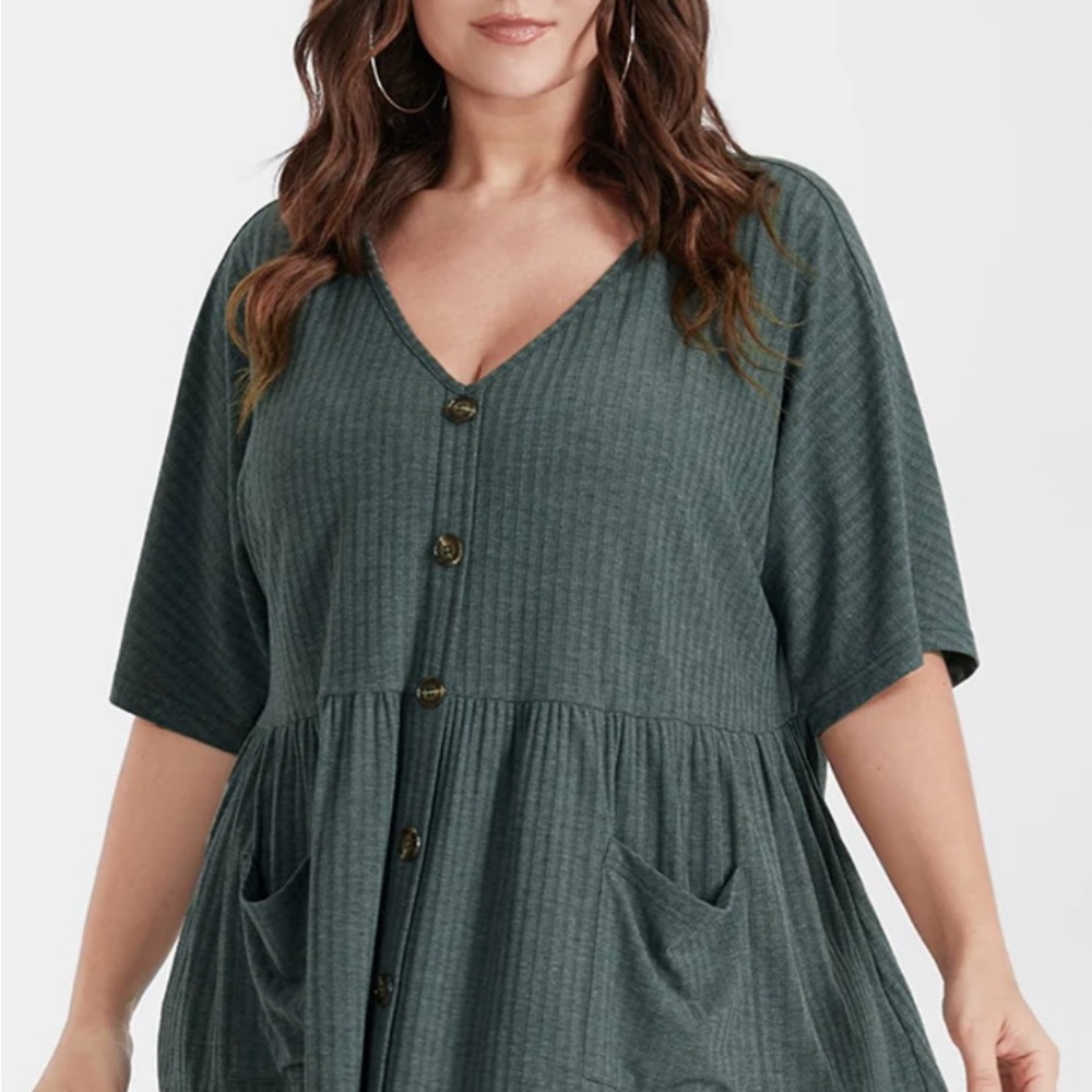 Green V-Neck Button Detail Blouse